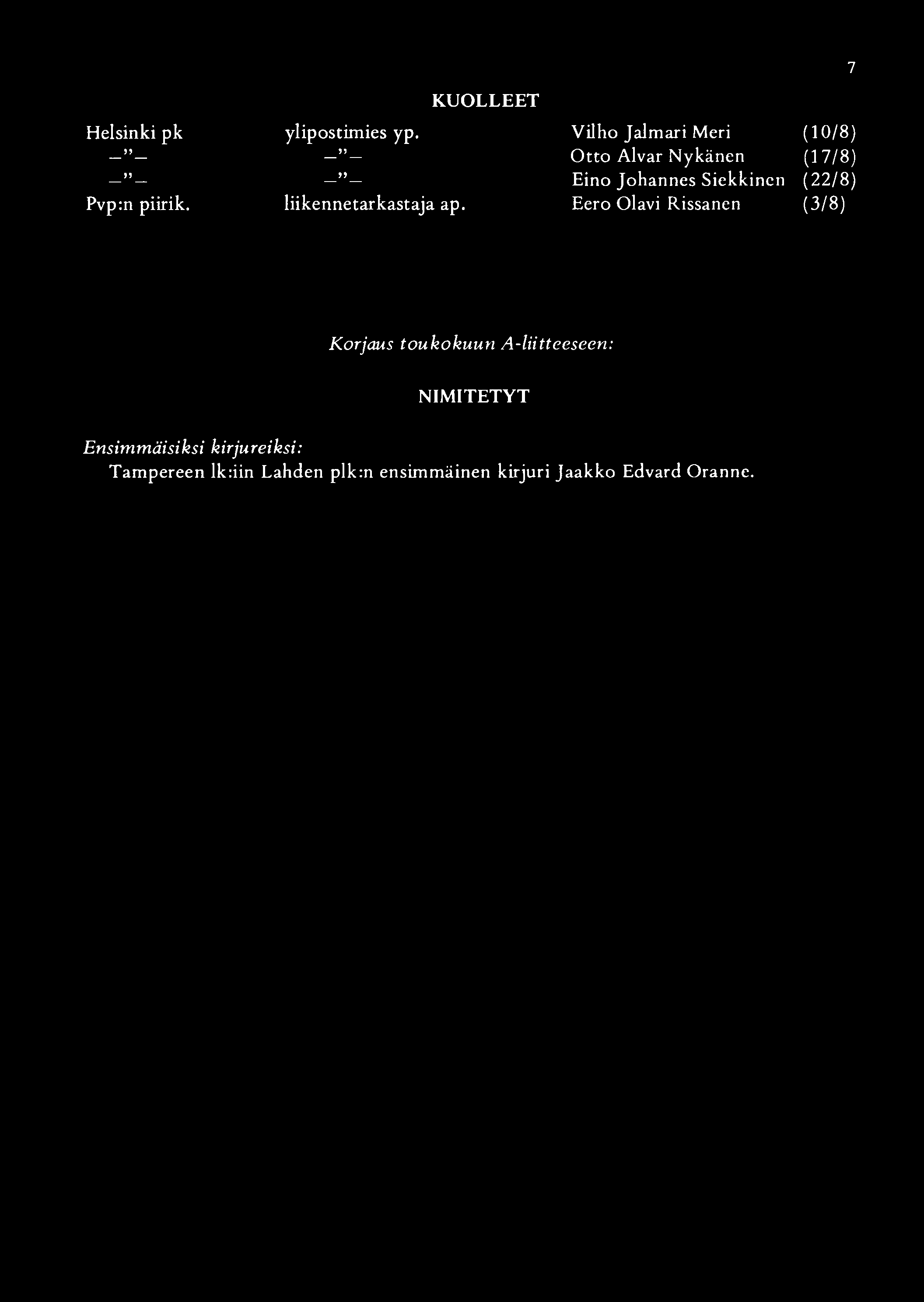 Helsinki pk _?? >>_ Pvp:n piirik. KUOLLEET ylipostimies yp. _>> >»_ liikennetarkastaja ap.