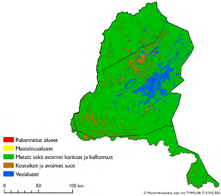 Kuva 3.1.5. Maankäyttö Tenon Näätämöjoen Paatsjoen vesienhoitoalueella. Pääosa Paatsjoen vesistöalueen kallioperästä kuuluu Lapin granuliittialueeseen (kuva 3.1.4).