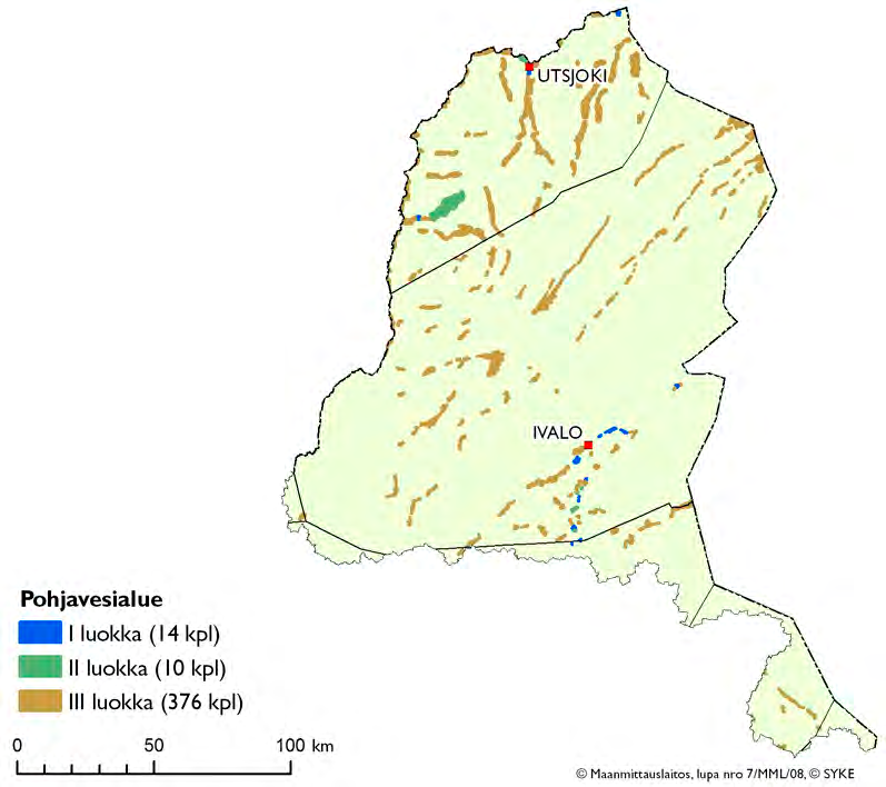Kuva 3.3.1. Kartoitetut pohjavesialueet Tenon Näätämöjoen Paatsjoen vesienhoitoalueella.