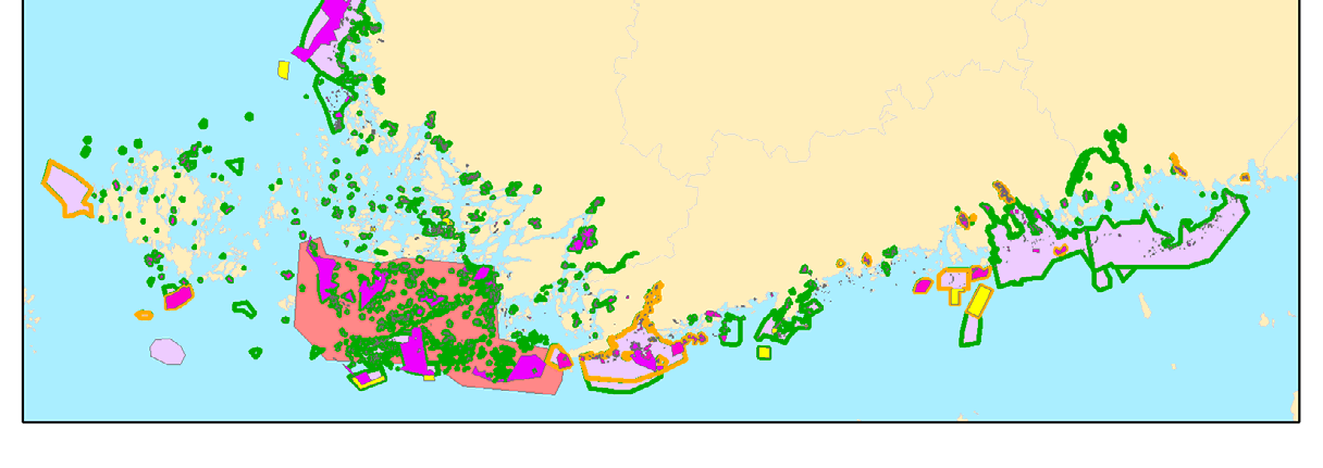 Kuva 2. Eri suojelualueiden sijoittuminen Suomen rannikolla ja merialueilla.