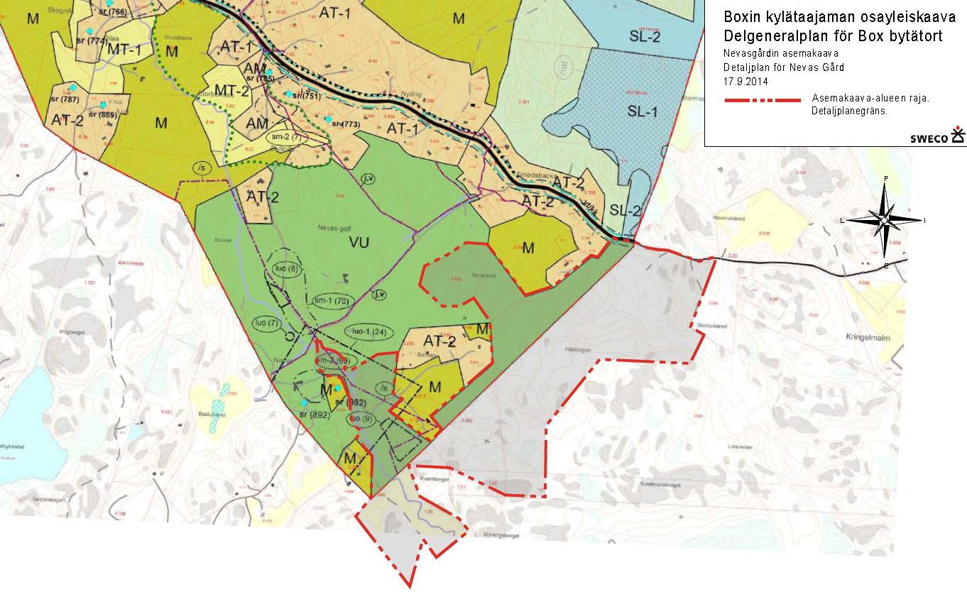 Ote Sipoon Yleiskaava, asemakaava-alue on rajattu kaavaan punaisella viivalla. Utdrag ur generalplan för Sibbo, detaljplaneområdet har avgränsats i planen med röd linje.