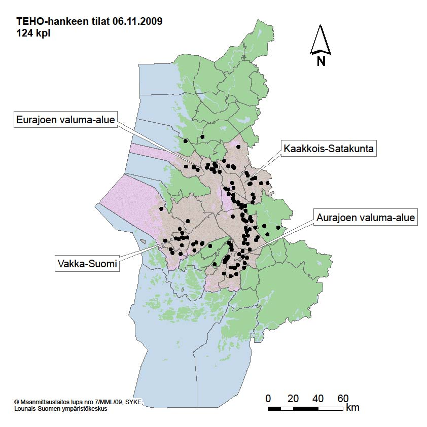 Kuva 1. TEHO-tilojen alueellinen jakaantuminen (6.11.2009). Viljelijät ovat kertoneet monia syitä osallistumiselleen TEHO-hankkeeseen.