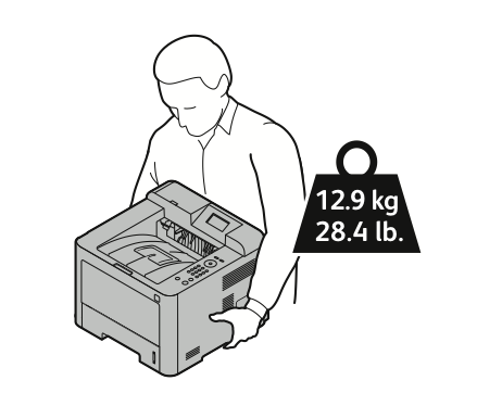 Kunnossapito 4. Nosta ja kanna tulostinta kuvan mukaisesti. Jotta tulostin ei pääsisi putoamaan tai kallistumaan, kanna sitä niin että toinen käsi on tulostimen alla ja toinen sen päällä.