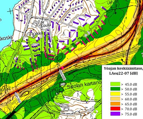 Rautatiemelun nykytilanne yöllä (klo 22-7) (WSP Finland Oy 2016) Tärinä Tärinä ympäristöhaittana on suuruudeltaan vaikeasti arvioitavassa, koska tärinän suuruuteen vaikuttavat monet tekijät.