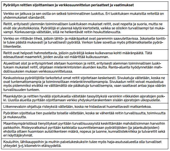 41 Taulukko 8. Pyöräilyn verkkosuunnittelun ja reittien sijoittamisen periaatteita ja vaatimuksia (Liikennevirasto 2014, s. 35). 3.4.2 Väylä- ja liittymäsuunnittelu Jalankulkuun ja pyöräilyyn sopivia väylätyyppejä käytiin läpi luvussa 2.