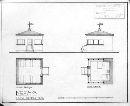 Keravan vankila 138 2011 Arkkitehtitoimisto Okulus Portinvatijanuorukainen vaaleassa kesäasussa 1930-l pääportin edustalla. Kuva: Keravan museo.