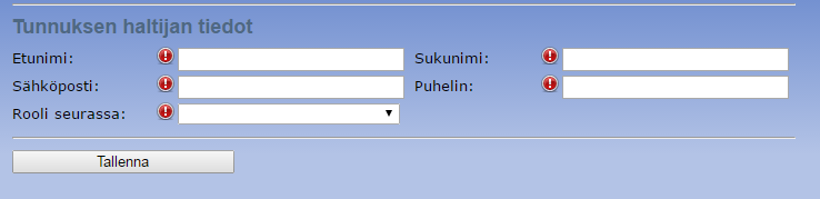 NÄIN HAET KÄYTTÄJÄTUNNUKSET 1) Klikkaa kohtaa Käyttäjätunnushakemus (ympyröity keltaisella) Valitse tunnushakemuksen tyypiksi Seura 2) Täytä pyydetyt tiedot (pakolliset kohdat merkitty ) Jos