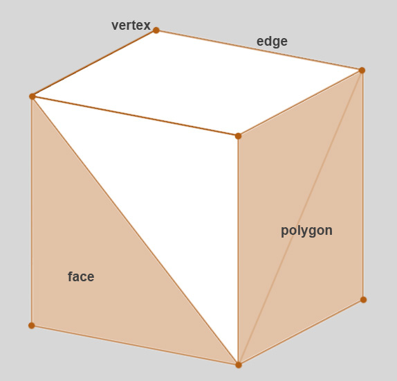 35 vertex - yksittäinen piste 3d-avaruudessa edge - kahden vertex-pisteen välinen viiva face - kolmen vertex pisteen määräämä taso polygon - kolmen tai useamman edge-reunan muodostama suljettu