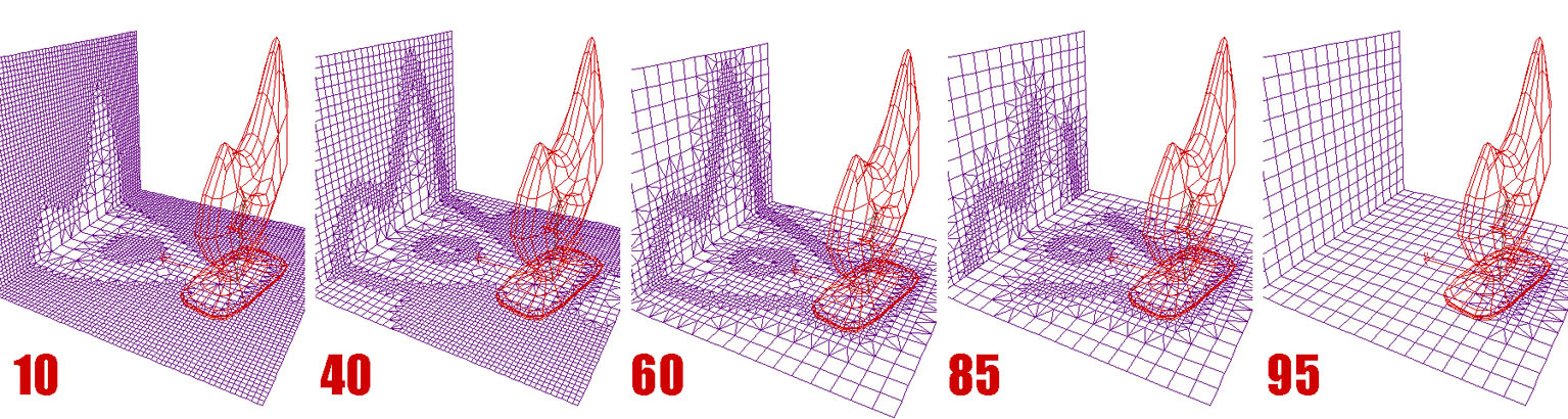 38 Kuvio 32. Initial meshing size -arvon vaikutus radiositeettiverkon jakoon Parhaan lopputuloksen saamiseksi kannattaa radiositeettiverkon jakamiseen käyttää adaptive subdivision -menetelmää.