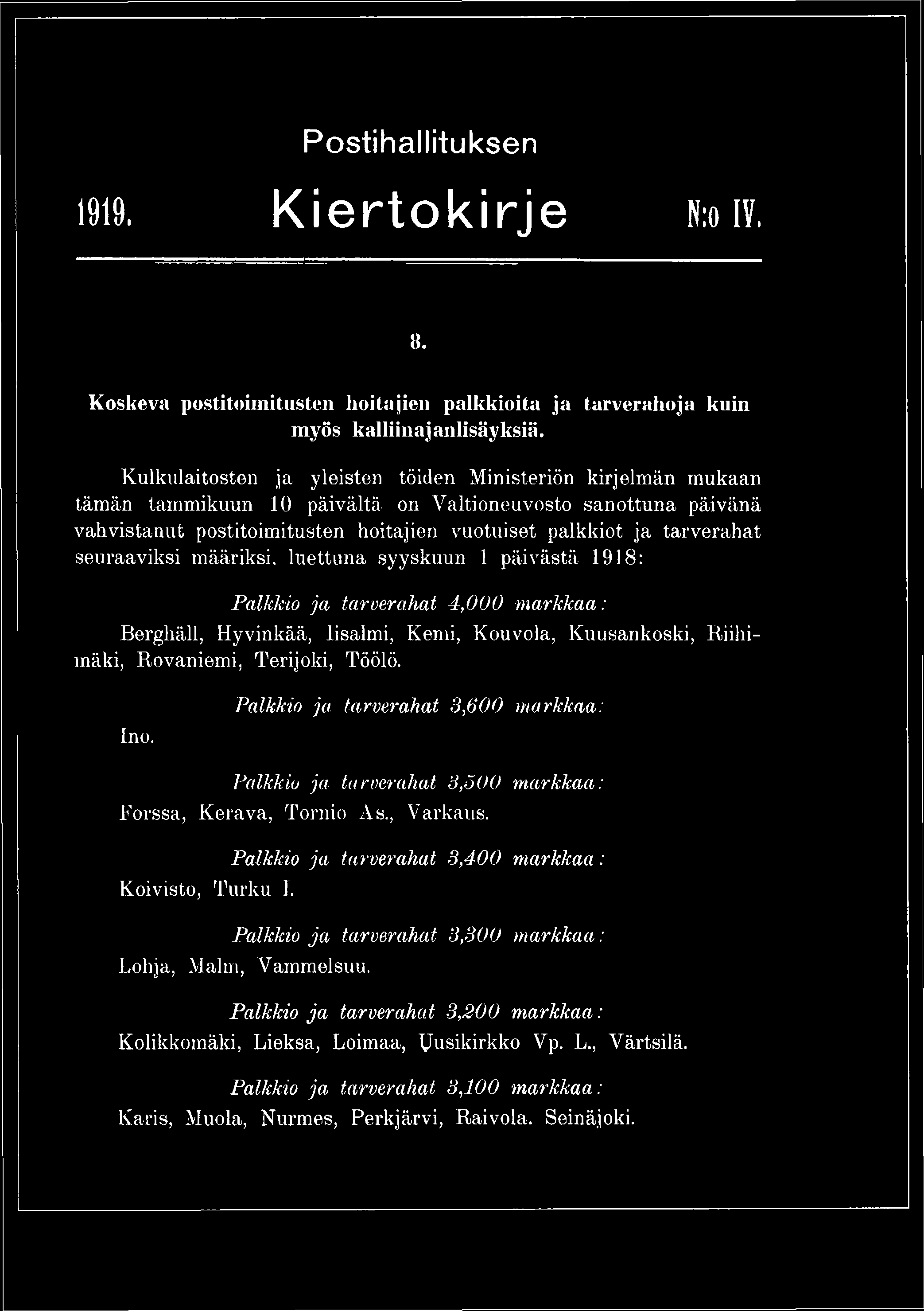 Postihallituksen i m Kiertokirje n:o iy. 8. Koskeva postitoimitusten hoitajien palkkioita ja tarverahoja kuin myös kalliinajanlisäyksiä.