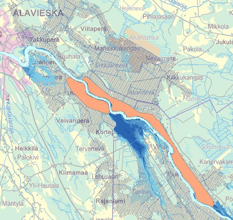 Pengerten tausta-alueiden käyttö tulva-alueina 1/50 v tulvan peittämä