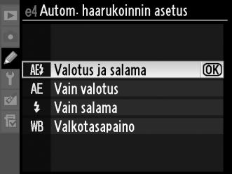 Valotuksen ja salaman haarukointi 1 Valitse salaman tai valotuksen haarukointi Valitse haarukoinnin tyyppi käyttämällä mukautettua asetusta e4 [Autom. haarukoinnin asetus] (s. 332).