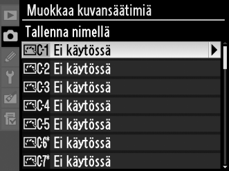 3 Valitse kuvansäädin. Voit korostaa kuvansäätimen ja painaa 2 tai jatkaa vaiheeseen 5 ja tallentaa kopion korostetusta säätimestä muuttamatta sitä painamalla J. 4 Muokkaa valittua kuvansäädintä.