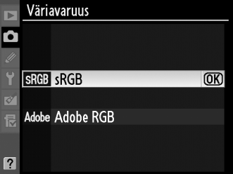 Väriavaruus Väriavaruus määrittelee värintoistossa käytössä olevien värien määrän. Valitse väriavaruus sen mukaan, kuinka valokuvia käsitellään siinä vaiheessa, kun ne siirretään pois kamerasta.