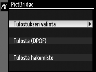 Useiden kuvien tulostaminen 1 Tuo näyttöön PictBridge-valikon. Paina G-painiketta PictBridgetoistonäytössä (katso Arvo 4 sivulla 268). G-painike Q 2 Valitse [Tulostuksen valinta] tai [Tulosta DPOF].