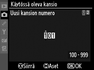 Palauta kuv. valikon oletusaset. Valitse, haluatko palauttaa kaikki valittuna olevan kuvausvalikon muistipaikan oletusasetukset. Katso oletusasetusten luettelo sivulta 427.