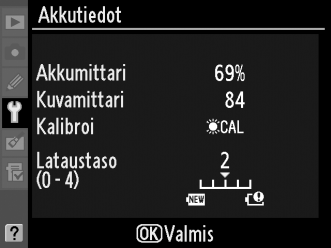 Akkutiedot Katso kamerassa asennettuna olevan akun tietoja. Kohta Akkumittari Kuvamittari Kalibroi Lataustaso Kuvaus Akun jäljellä oleva varaustaso prosenttilukuna.