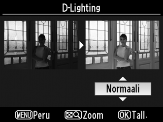 D-Lighting D-Lighting kirkastaa varjoja, joten se soveltuu erityisen hyvin tummille tai vastavaloon otetuille valokuville.