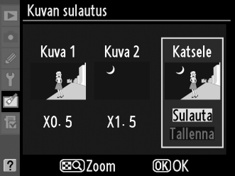 4 Vahvista korostettu kuva. Valitse korostettu kuva painamalla J, jolloin kamera palaa esikatselunäyttöön. Valittu kuva on näytössä oleva [Kuva 1]. 5 Säädä herkkyys.