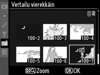 Vertailu vierekkäin Vertaile käsiteltyjä kopioita alkuperäisiin valokuviin. 1 Valitse [Vertailu vierekkäin]. Korosta [Vertailu vierekkäin] ja paina 2. Näyttöön tulee valintaikkuna. 2 Valitse kuva.