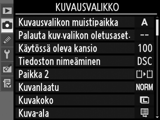 s Kameran valikoiden käyttäminen Valikkosäätimet Valintapainiketta ja J-painiketta käytetään kameran valikoissa liikkumiseen.