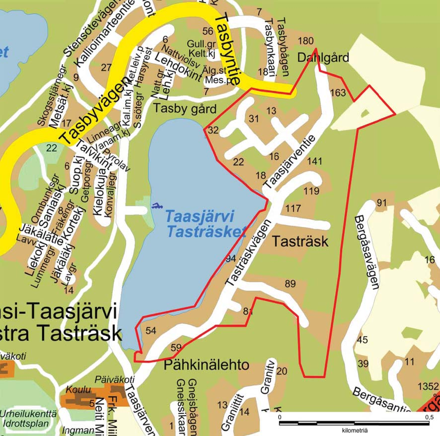 Kaava-alueen sijain kunnan opaskartalla. Kaava-alueen alustava rajaus on esite y kartalla punaisella viivalla. Sipoon kunnan mi aus- ja kiinteistöyksikkö. Planområdets läge på kommunens guidekarta.