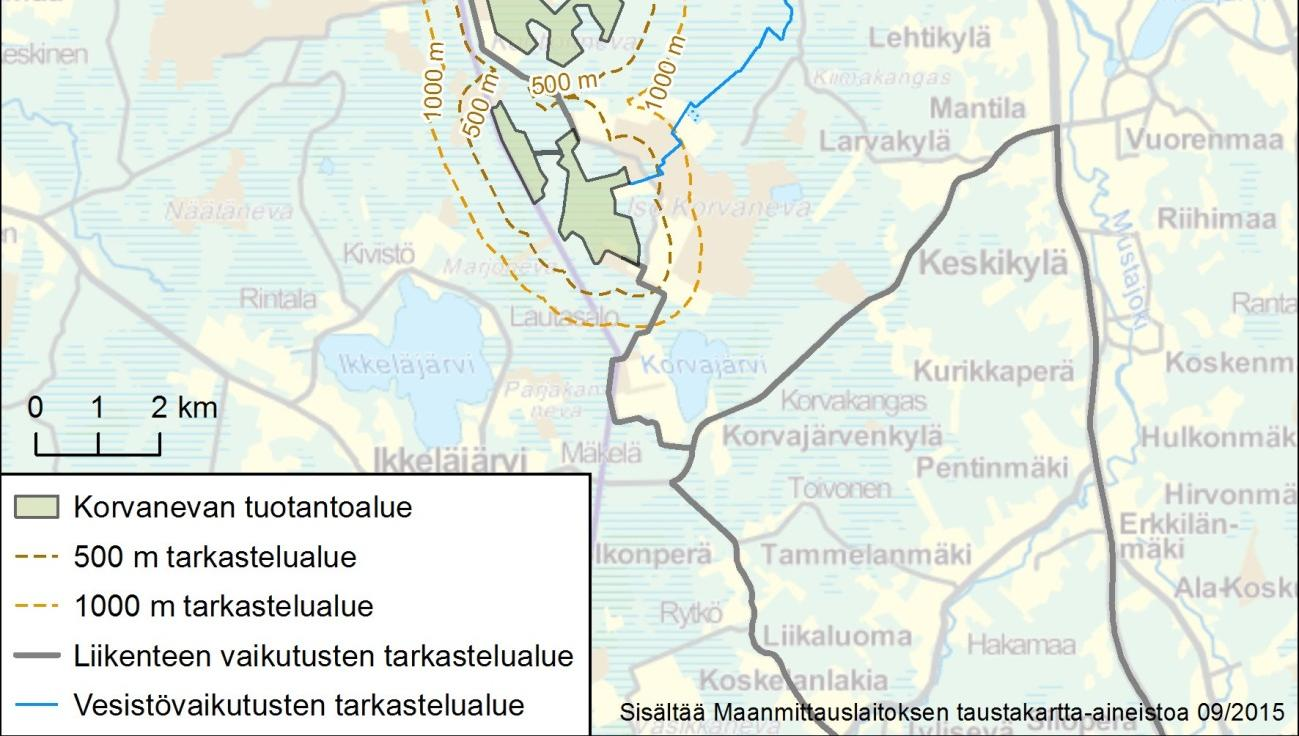 47 Kuva 7-1 Tarkastelualueiden laajuus. Ympäristövaikutuskohtaisesti tarkemmat rajaukset käyvät ilmi tekstistä. 7.3 Tehtävät selvitykset Kesällä 2015 on tehty Korvanevan hankealueella suoperhosselvitys, jossa havainnoitiin koko lajisto ns.