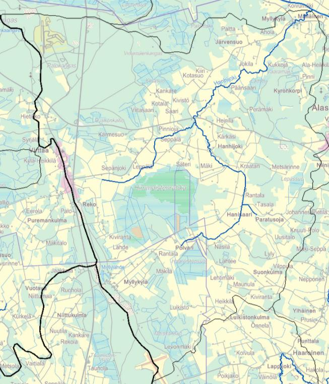 Hanhijoen erityispiirteet - Hanhijoki kulkee lähes täysin maatalousmaan ympäröimänä.