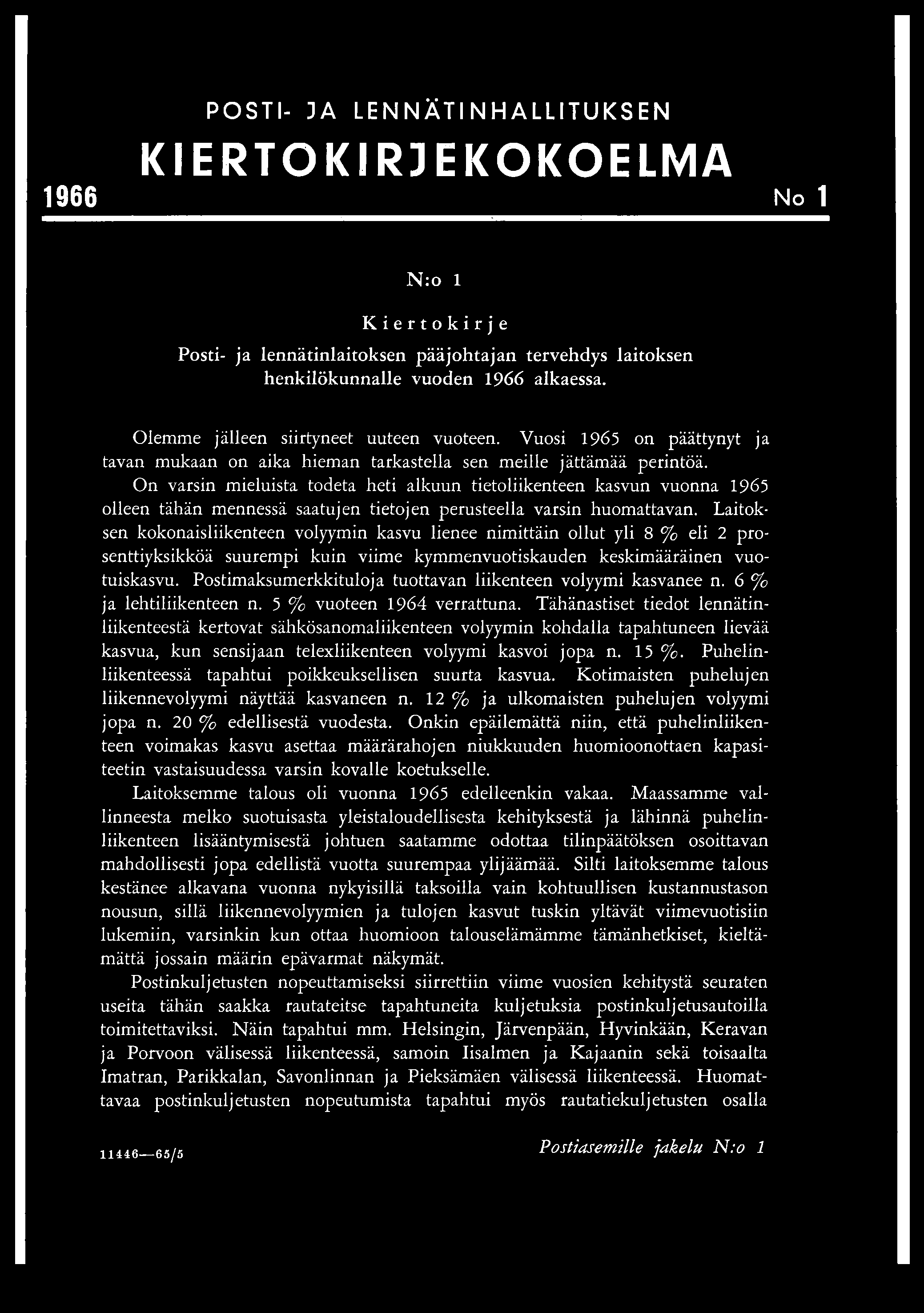 1966 POSTI- JA LENNÄTINHALLITUKSEN KIERTOKIRJE KOKOELMA No 1 N:o 1 Kiertokirje Posti- ja lennätinlaitoksen pääjohtajan tervehdys laitoksen henkilökunnalle vuoden 1966 alkaessa.