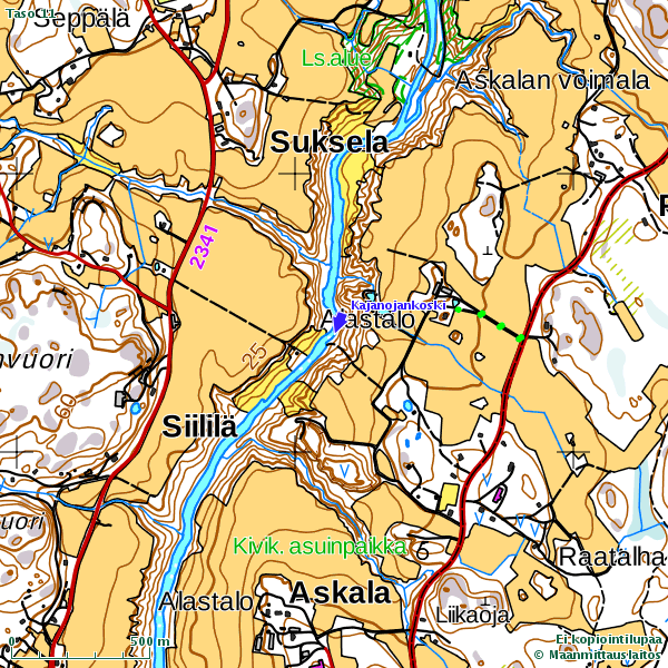 Kuva 2. Tällä alueella koekalastukset tehtiin, Kajanojankoski merkitty karttaan. Taulukko 3. Askalan voimalaitosuoma 9.9.2016.