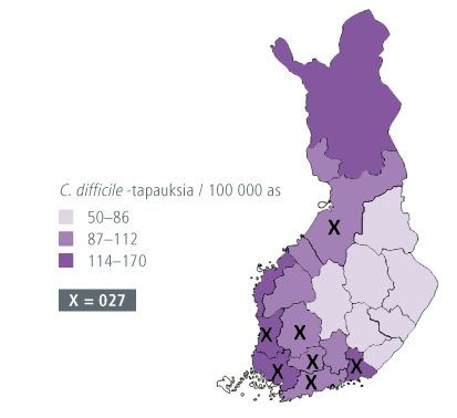 Kuvassa 1 on esitetty C. difficilen keskimääräinen vuosittainen ilmaantuvuus (tapauksia / 100 000 as) sairaanhoitopiireittäin v. 2008-2011.