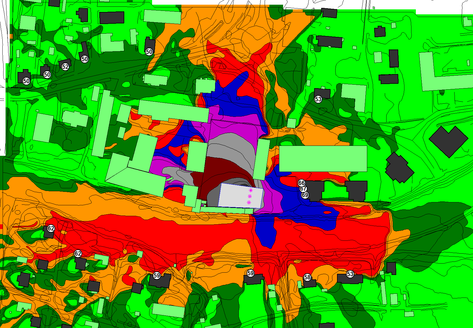 Äänitaso db(a) 95 < 90 < <= 95 85 < <= 90 80 < <= 85 75 < <= 80 70 < <= 75 65 < <= 70 60 < <= 65 55 < <= 60 50 < <= 55 <= 50 Selitteet Muu rakennus Kaiuttimet Asuinrakennus Esiintymisteltta PAUKUN