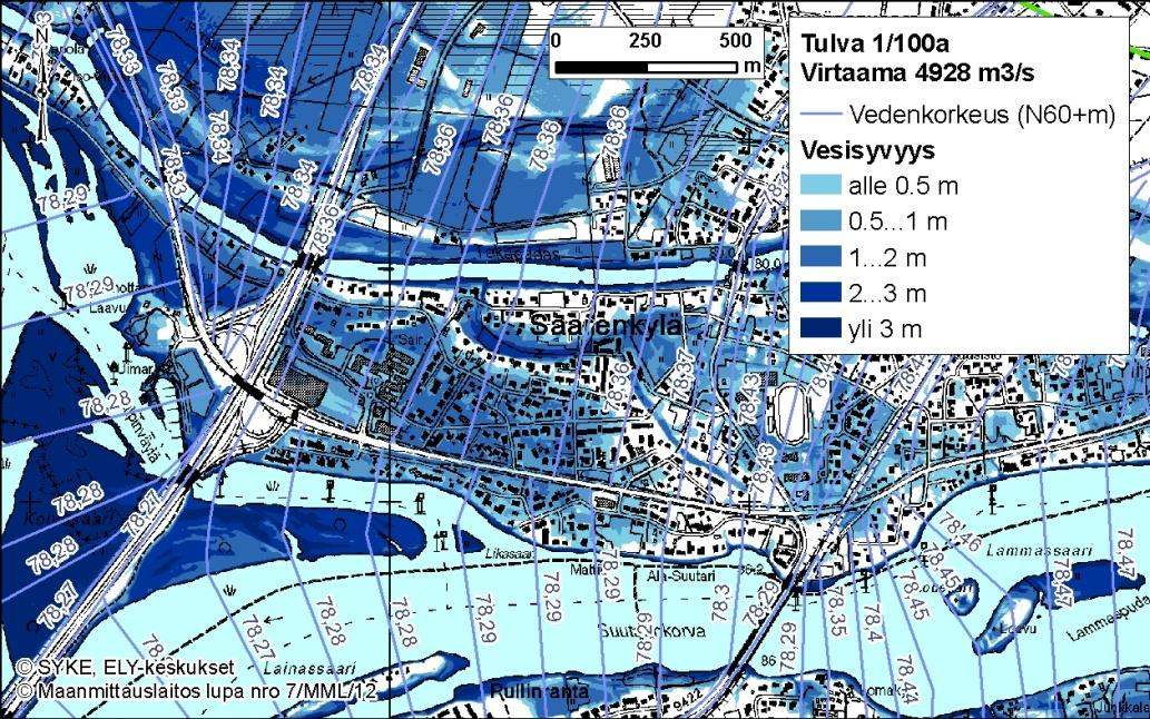 Tulvavaara- ja riskikartat Tulvavaarakartta kuvaa veden alle jäävät alueet ja vesisyvyyden sekä vallitsevan vedenkorkeuden tietyllä tulvan todennäköisyydellä.