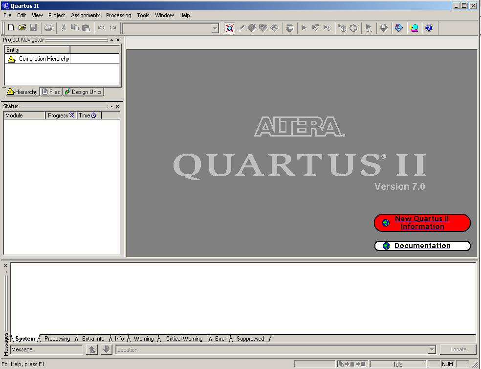 2 QUARTUS II Quartus II on Alteran kehittämä suunnitteluympäristö FPGA ja CPLD -piireille. Quartuksen käyttöliittymän näet kuvasta 4.