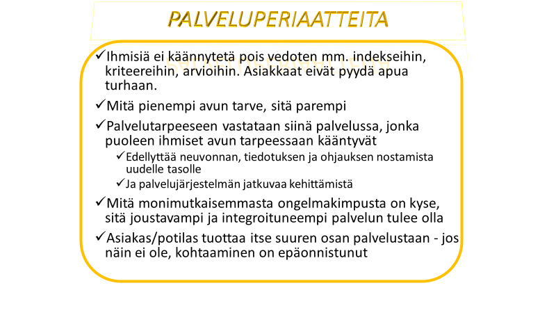 42 Kuva 26. Palveluperiaatteita 7.2 Keski-Suomen mallin rakentaminen Keski-Suomen mielenterveys-, päihde- ja aikuissosiaalityön mallia lähdettiin rakentamaan asukkaiden toimivan arjen ympärille.