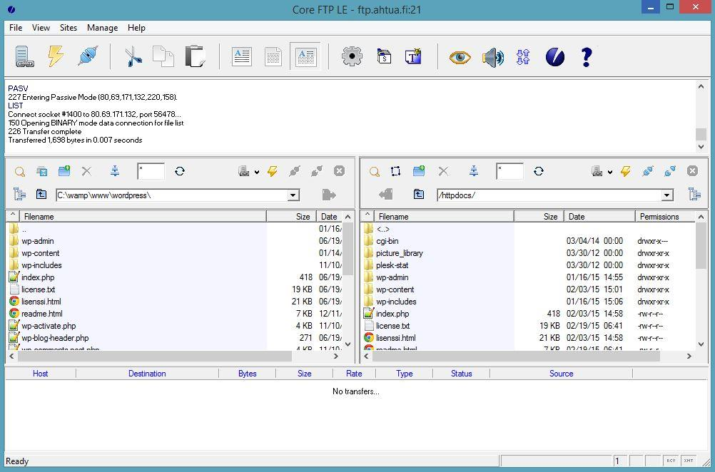 33(38) Kuvio 20. Core-FTP-ohjelma. 6.3.2 Tietokannan siirto Paikallisella tietokoneella on ohjelma phpmyadmin, jonka avulla tietokannan voi kopioida Vienti-valikon toiminnolla (kuvio 21).