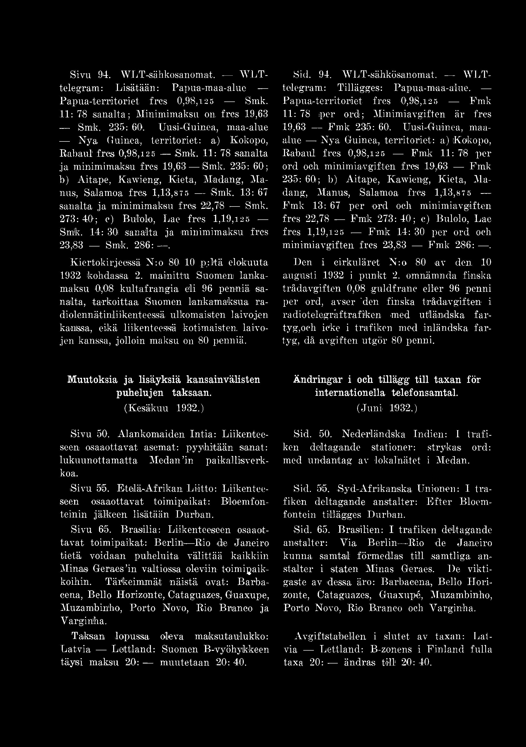 Sivu 94. WI jt -s ä h k»sano mat. WLTtelegram: Lisätään: Papua-maa-alue Papua-territoriet frcs 0,98,12 5 -Smk. 11: 78 sanalta ; Minimimaksu on frcs 19,63 Smk. 2.35: 60.