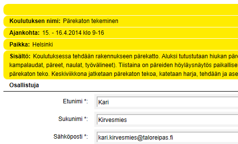 Koulutuksen tiedot ilmoittautumislomakkeella Koulutus (1)