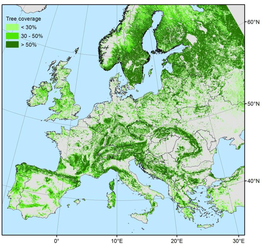 Tree cover (canopy) density for Europe, extracted from the