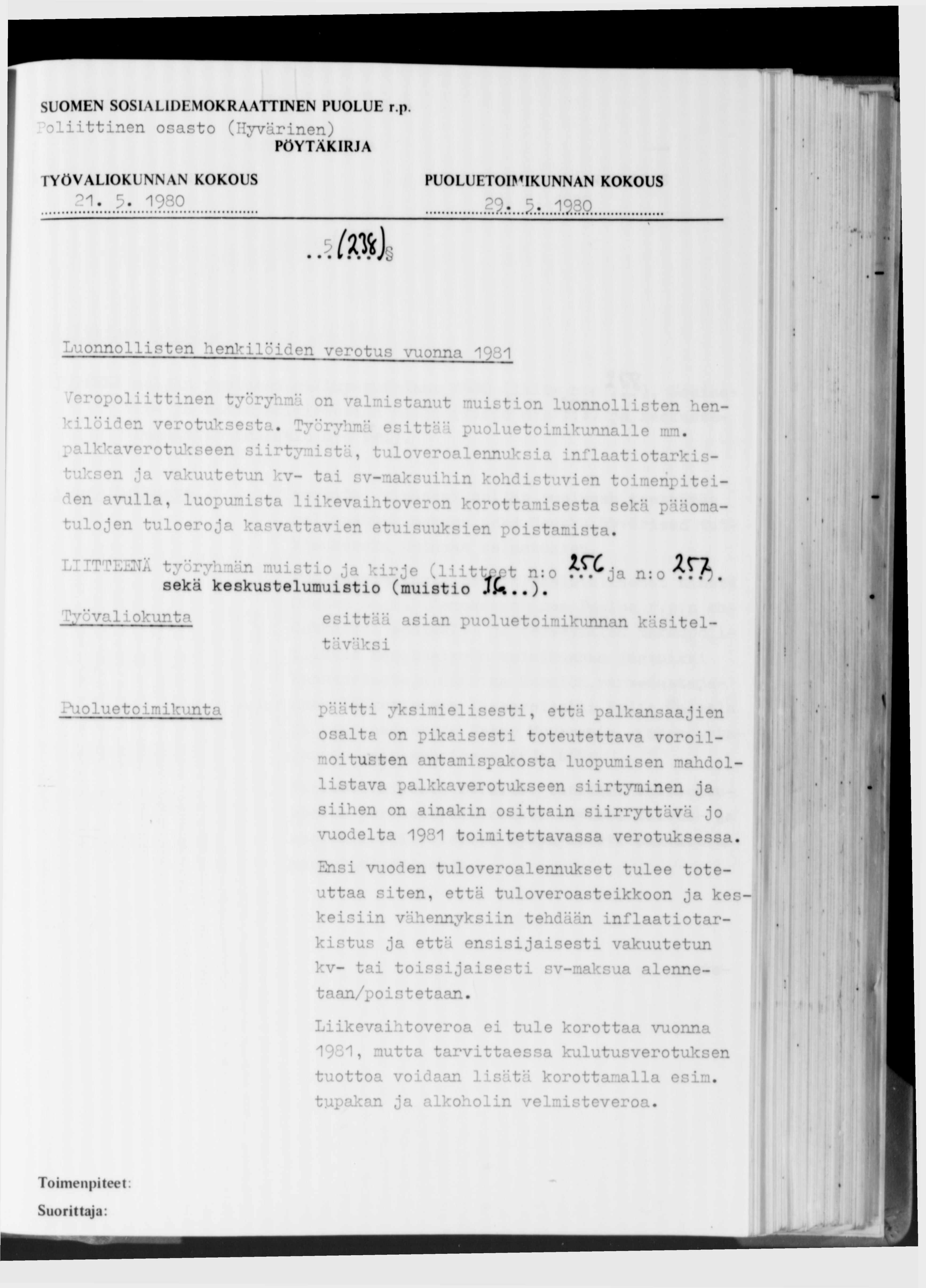 SUOMEN SOSIALIDEMOKRAATTINEN PUOLUE r.p oliittinen osasto (Hyvärinen) 21. 5. 1980.