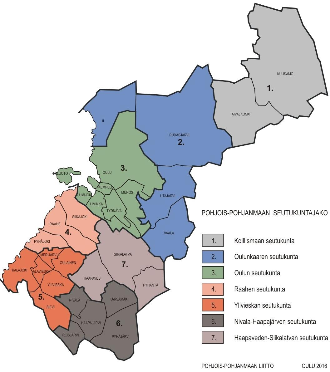 4 2. Pohjois-Pohjanmaan maakunta Pohjois-Pohjanmaan maakunta on pinta-alaltaan 44 000 km 2 (Maanmittauslaitos, 2013), ja se on Lapin jälkeen Suomen toiseksi suurin maakunta.