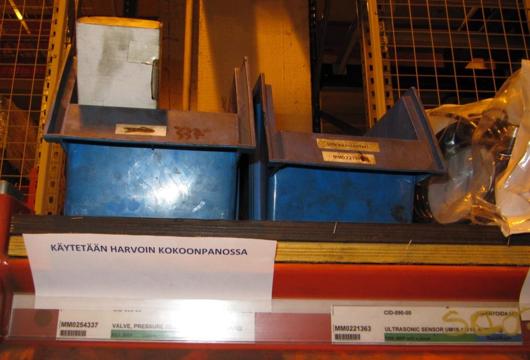 teiden etsimistä. Kuvassa 38 on tyypillinen ongelmallinen varastopaikka tuotteille. Laatikot on epäselvästi merkitty, hylly on epäsiisti ja siellä on harvoin käytettyjä osia. 44 KUVA 38.
