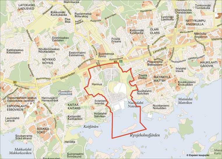 Espoon kaupunki Pöytäkirja 274 Kaupunginhallitus 14.09.2015 Sivu 25 / 77 Suunnittelualueen likimääräinen sijainti opaskarttapohjalla. Vireilletulo Vireilletulosta on kuulutettu 2.6.
