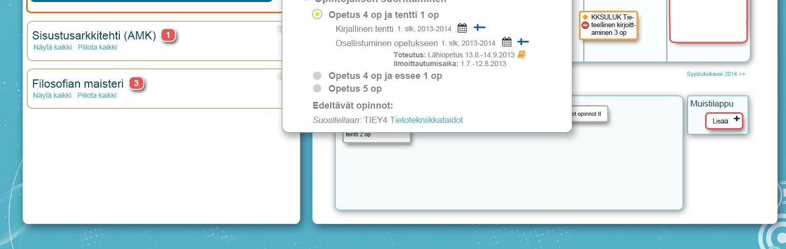 Kuva 5. Oppija tekee opintoihinsa liittyviä valintoja hops-rakenteesta avautuvien leijukkeiden kautta.