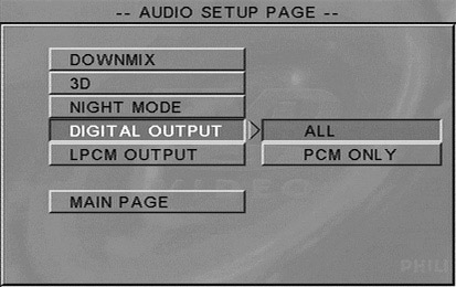 Suomi DVD-valikon vaihtoehdot 3D 3D-ääni antaa virtuaalisen tilavaikutelmaäänen pelkästään kahden kaiuttimen avulla. Digit. lähtö Valitse Digital Output [Digit.