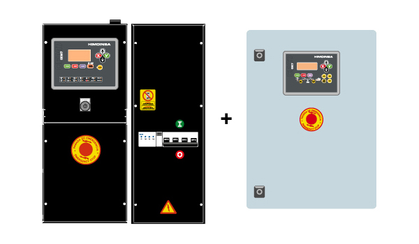 OHJAUSPANEELIN MALLI CC2 Himoinsa Switching -kotelo näytöllä. CEC7 AS5 + CC2 Automaattinen paneeli siirtokytkimellä ja verkkovirran säätimellä.koneikko ja kotelointi sisältää näytön.