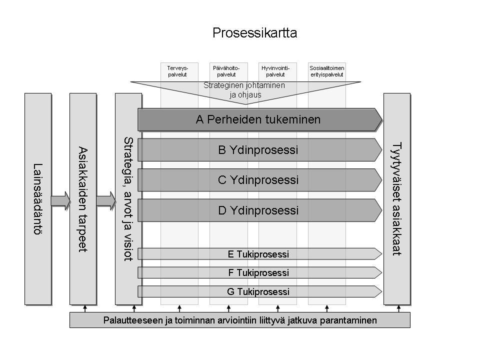 toiminnasta. Yleisimmän tason pelkistetty kuvaus on prosessikartta, jossa esitetään tärkeimmät prosessit (ydin- ja tukiprosessit), pelkistetty organisaatio ja toimintaympäristö.