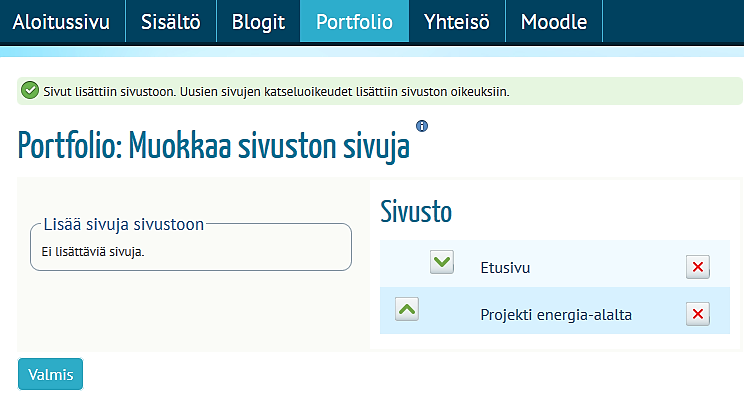 Lisätyt sivu siirretään sopivaan järjestykseen Portfolion sivut siirretään haluttuun järjestykseen sivun nimen