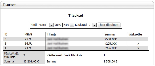 Kuva 27 Tilausten selailu Tarkemman tarkastelun jälkeen voitiin pohtia järjestelmän käytettävyyttä yleisesti heurististen sääntöjen pohjalta.