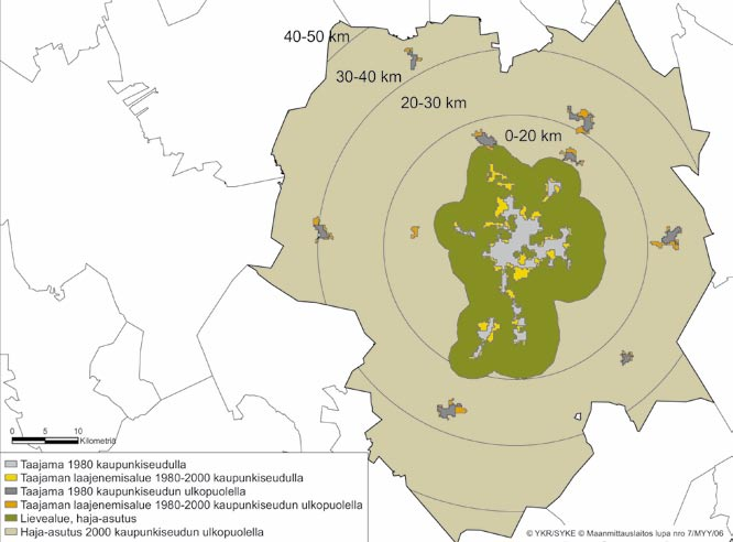 Kuva 4. Pysyvä aluejako 1980 2000 Jyväskylän työssäkäyntialueella. Työssäkäyntialue ympäröi keskellä kuvattua kaupunkiseutua.